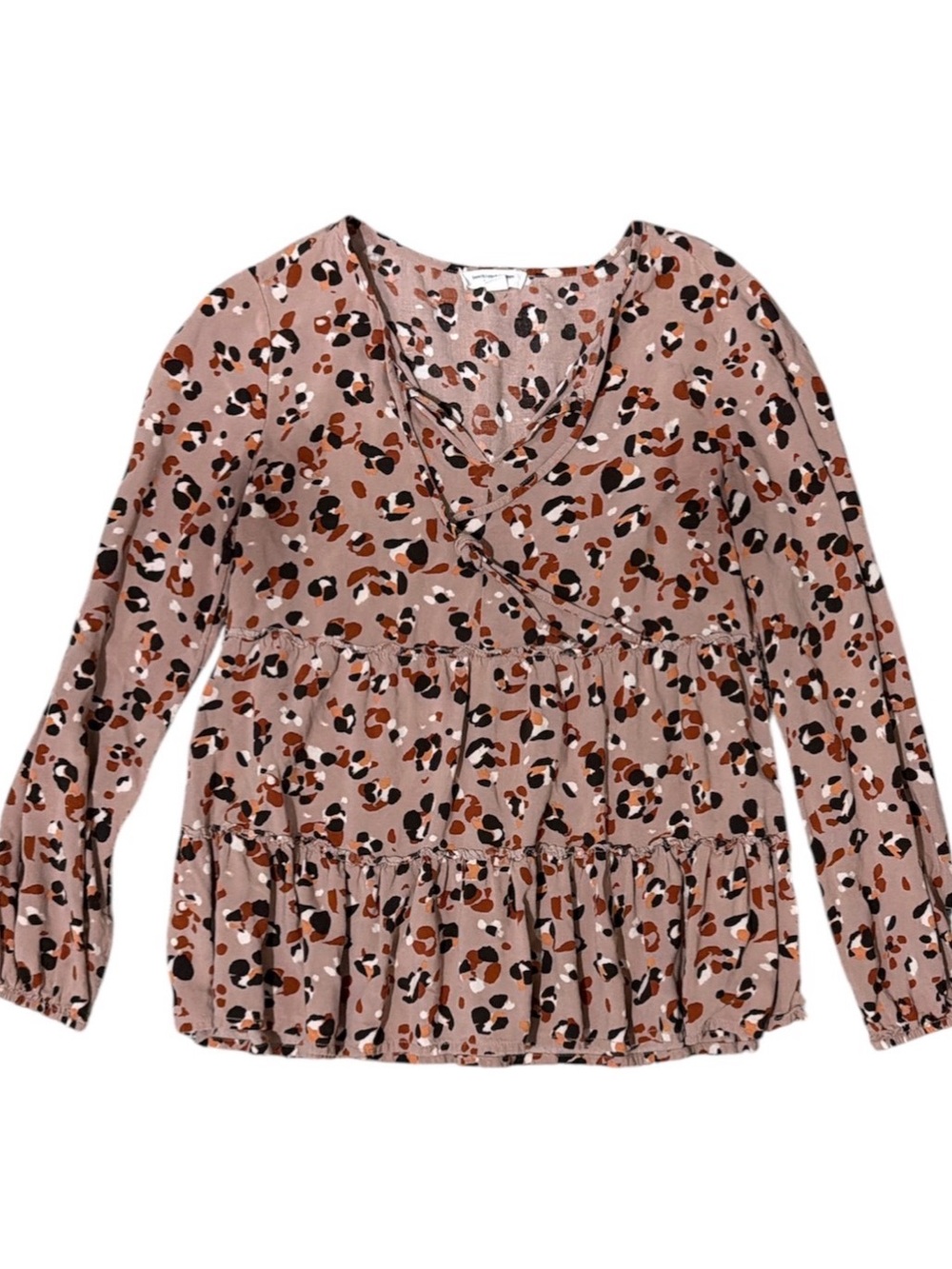BEACH LUNCH LOUNGE Woven Long-Sleeve Tiered Peplum Top - Dusty Rose Animal Print